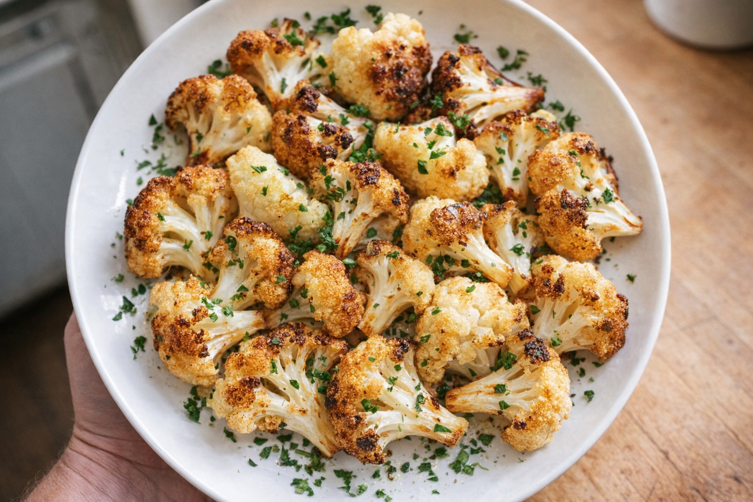 A top-down, brightly lit shot of perfectly cooked cauliflower florets, roasted golden brown, arranged artfully on a white plate with a sprinkle of fresh herbs.